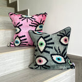 Velvet Ikat Cushion Evil Eye Grey | Velvet Ikat Pillow Evil Eye Gray