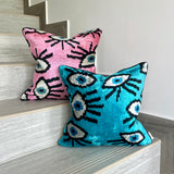Velvet Ikat Cushion Evil Eye Turquoise | Velvet Ikat Pillow Evil Eye Turquoise