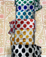 Black, blue yellow, green doted ikat clutch bags