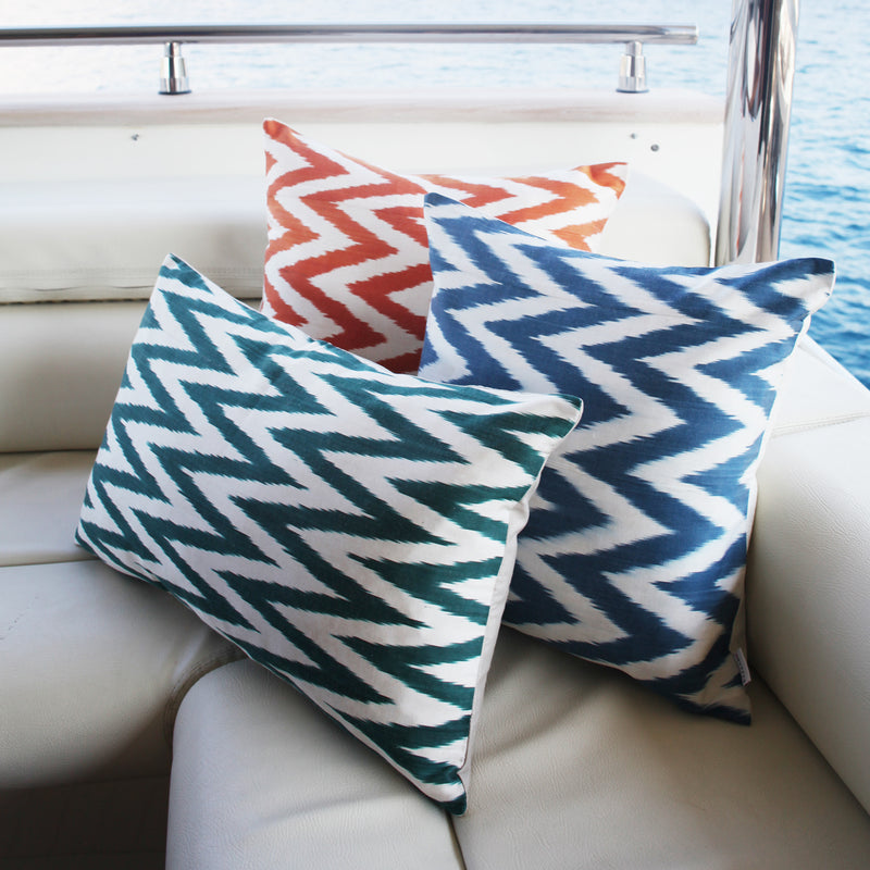 Blue & Orange Zigzag Pattern Silk Ikat Cushion 