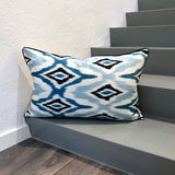 Hand-embroidered Silk Ikat Pillow Blue Diamond