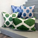 Blue and Green Dots Velvet Ikat Cushion
