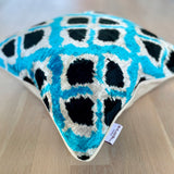 Velvet Ikat Cushion Flowers Turquoise front