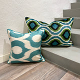 Velvet Ikat Pillow Aquamarine on stairs