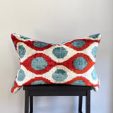 Velvet Ikat Pillow Aquamarine on table