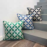 Velvet Ikat Cushion Blue Flowers with Velvet Ikat Cushion Black Flowers and Velvet Ikat Cushion green Flowers