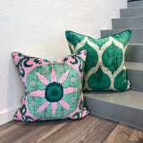 Velvet Ikat Cushion Green Valley on stairs