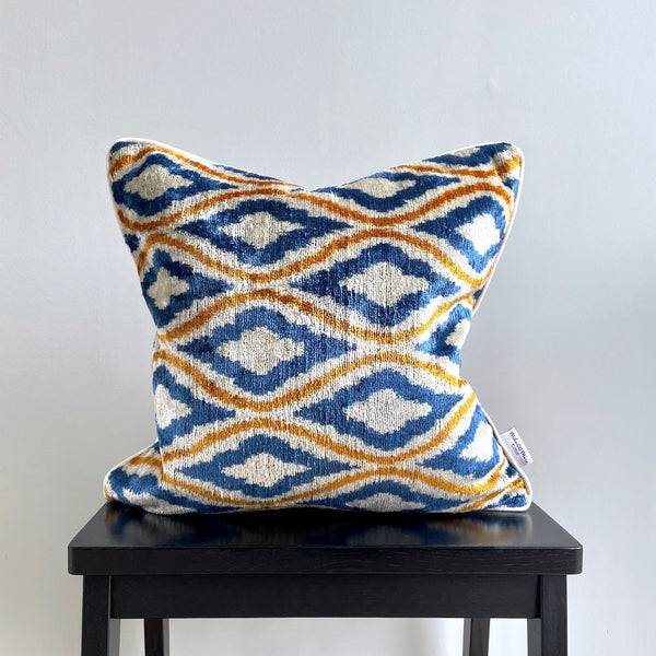 Blue yellow velvet pillow in vibrant royal ogee pattern