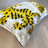 Velvet Ikat Pillow Tigers Close angel view.