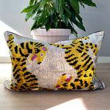 Velvet Ikat Pillow Tigers Front angel view.