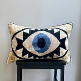 Velvet Ikat Pillow Evil Eye  |  Front angle view