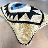Velvet Ikat Pillow Evil Eye |  Close angle view