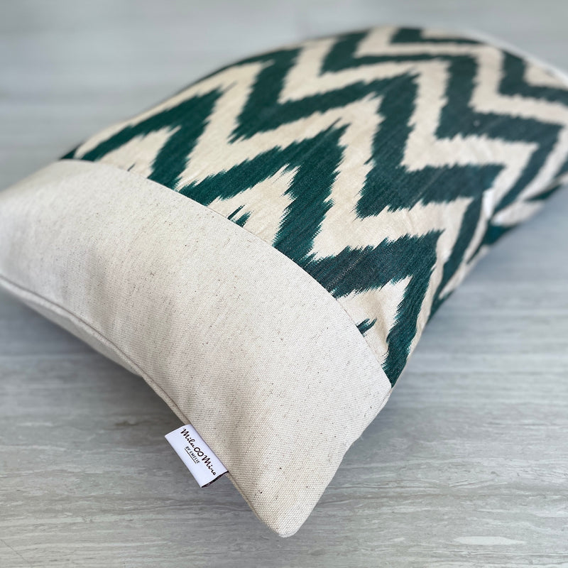 Silk Ikat & Linen Cushion Cover Zigzag Green