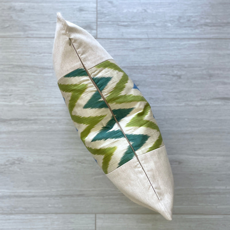 Silk Ikat & Linen Cushion Cover Zigzag Green-Blue