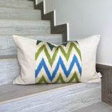 Silk Ikat & Linen Cushion Cover Zigzag Green-Blue