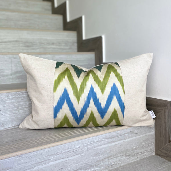 Silk Ikat & Linen Cushion Cover Zigzag Green-Blue