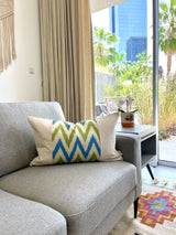 Silk Ikat & Linen Cushion Cover Zigzag Green-Blue