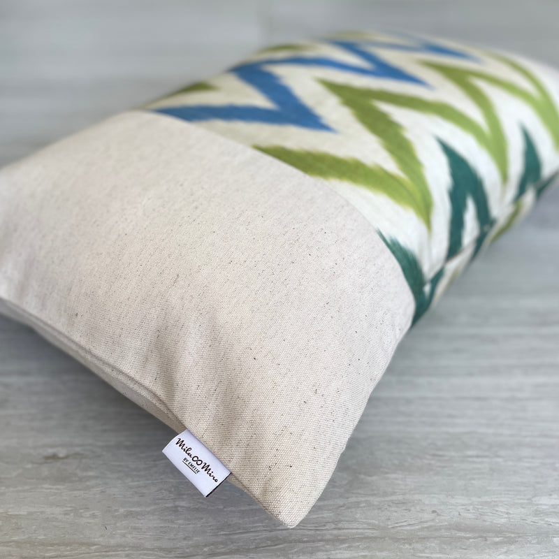 Silk Ikat & Linen Cushion Cover Zigzag Green-Blue