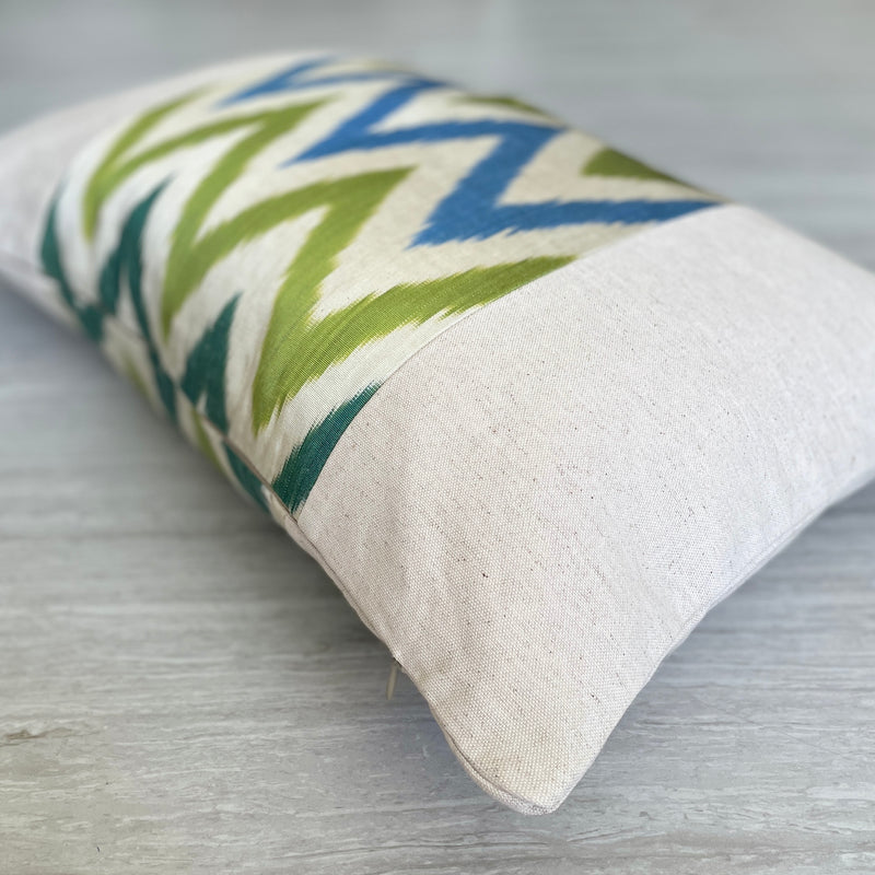 Silk Ikat & Linen Cushion Cover Zigzag Green-Blue