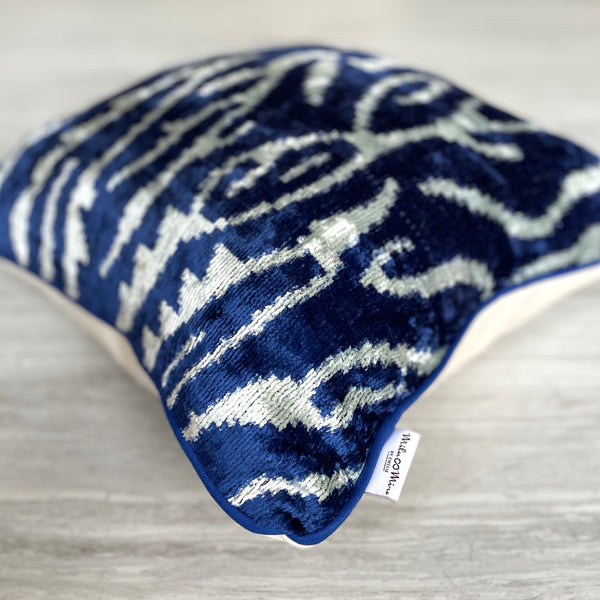 Velvet Ikat Cushion Blue Zebra | Velvet Ikat Pillow Blue Zebra