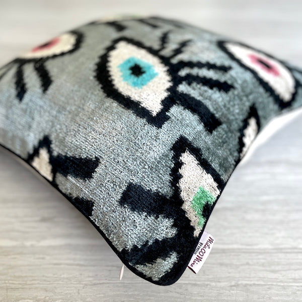 Velvet Ikat Cushion Evil Eye Grey | Velvet Ikat Pillow Evil Eye Gray