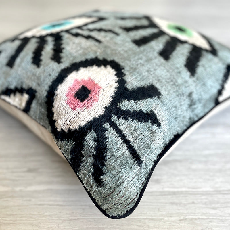 Velvet Ikat Cushion Evil Eye Grey | Velvet Ikat Pillow Evil Eye Gray