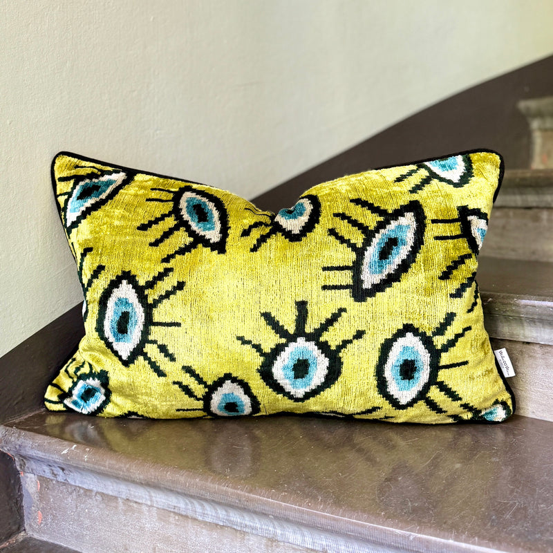 Velvet Ikat Cushion Evil Eye Yellow | Velvet Ikat Pillow Evil Eye Yellow