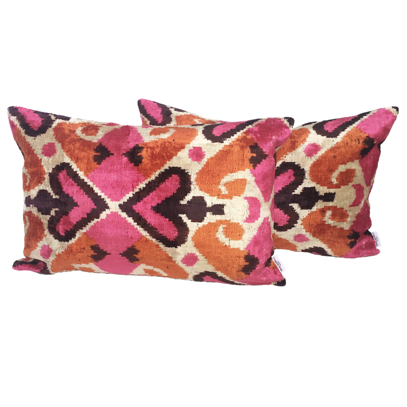 Velvet Ikat Cushion Pink Hearts | Velvet Ikat Pillow Pink Hearts
