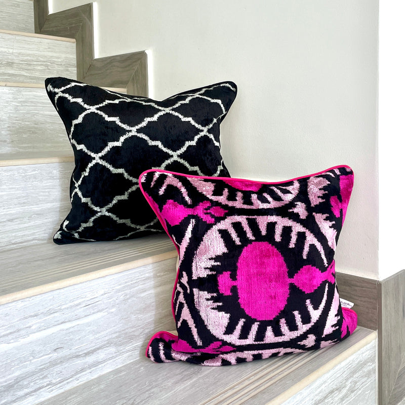 Velvet Ikat Cushion Hot Pink | Velvet Ikat Pillow Hot Pink