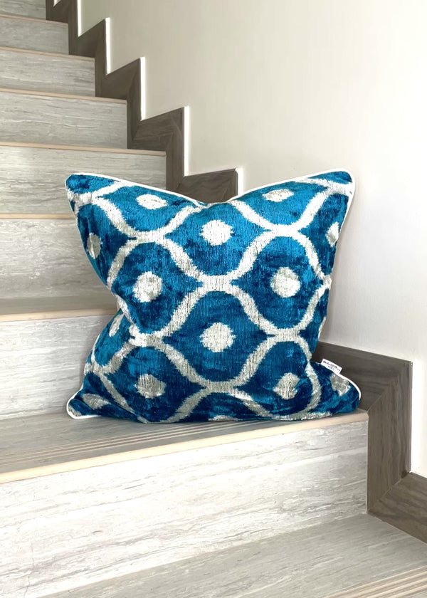 Velvet Ikat Cushion Blue Bay | Velvet Ikat Pillow Blue Bay