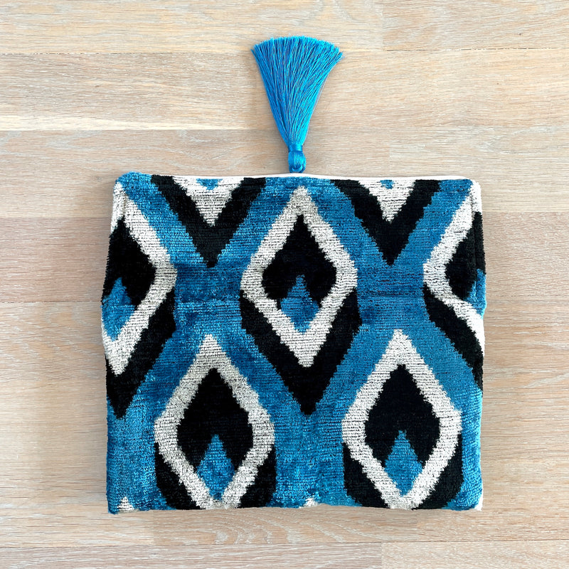 Ikat Clutch Bag made with Handloomed Fabric in blue white 3D pattern