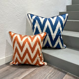 Orange, Blue Silk Ikat Zigzag Cushion 