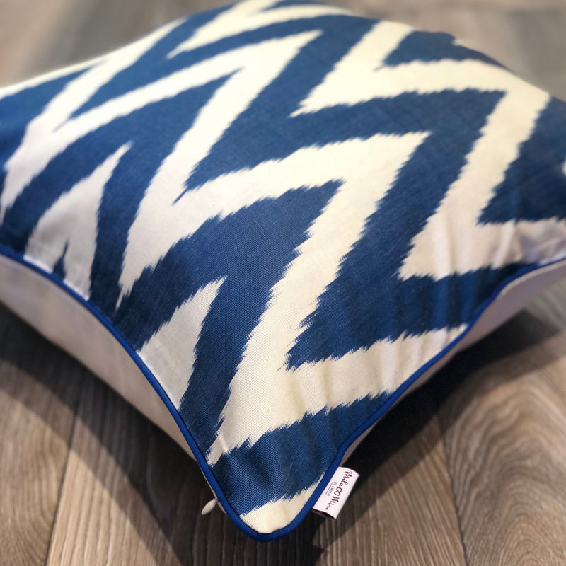 Silk Ikat Cushion Zigzag Blue with Piping