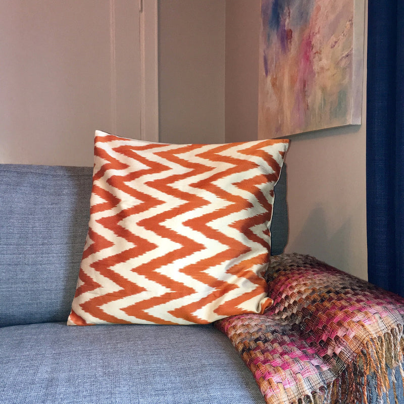 Unique Silk Ikat Cushion Zigzag Orange 