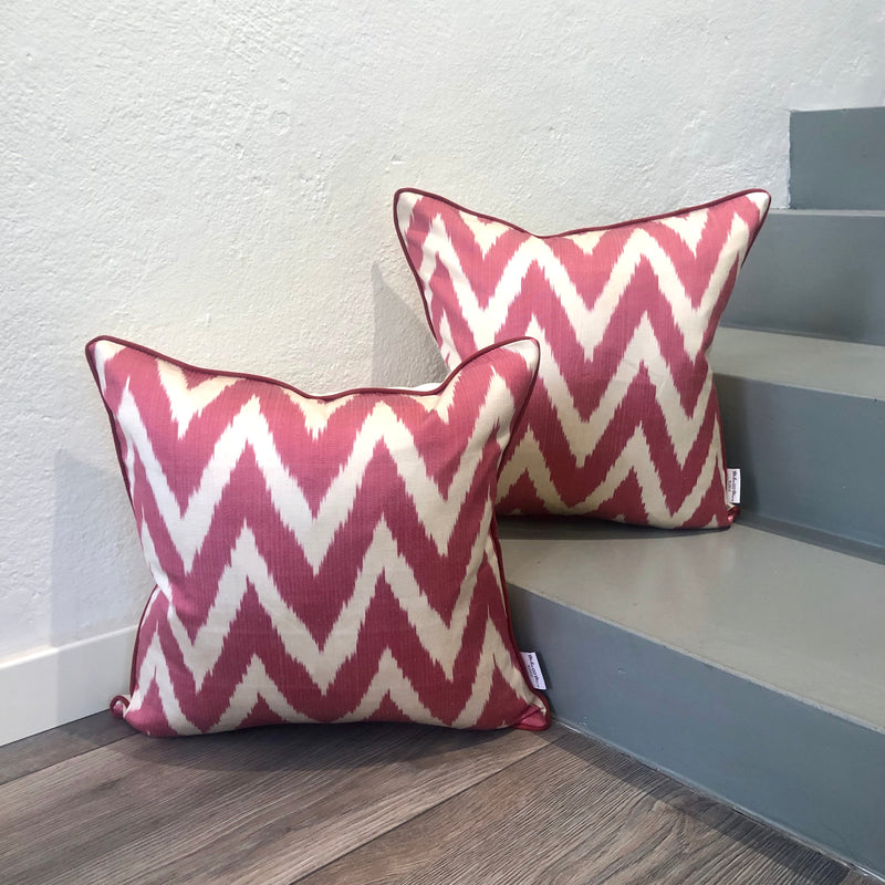 Silk Ikat Cushions Zigzag Pink with Piping