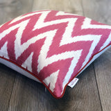 Hand embroidered Silk Ikat Cushion Zigzag Pink 