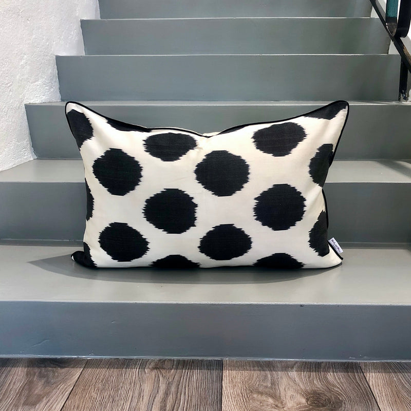Designer Silk Ikat Pillow in Black Color Dots 