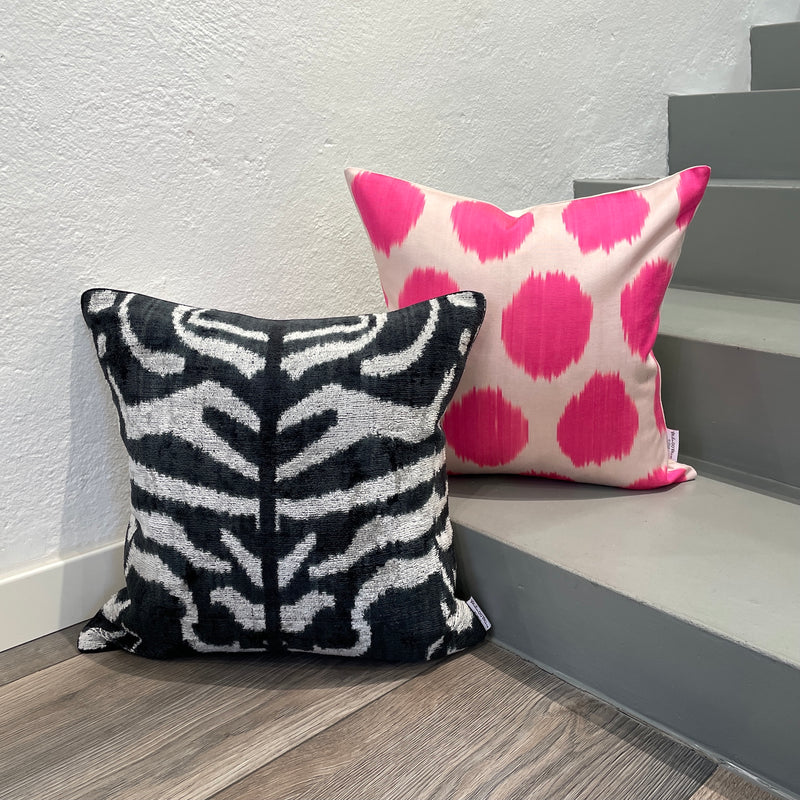 Designer Black and Pink Neon Silk Ikat Cushion 