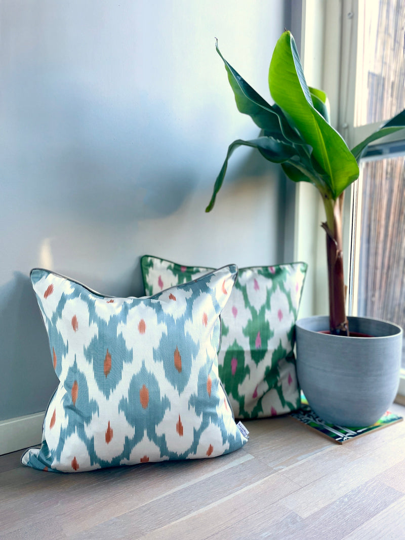 Silk Ikat Cushion in Spring Blue and Green Color