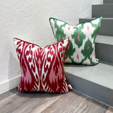 Silk Ikat Cushion in Spring Green and Red Color