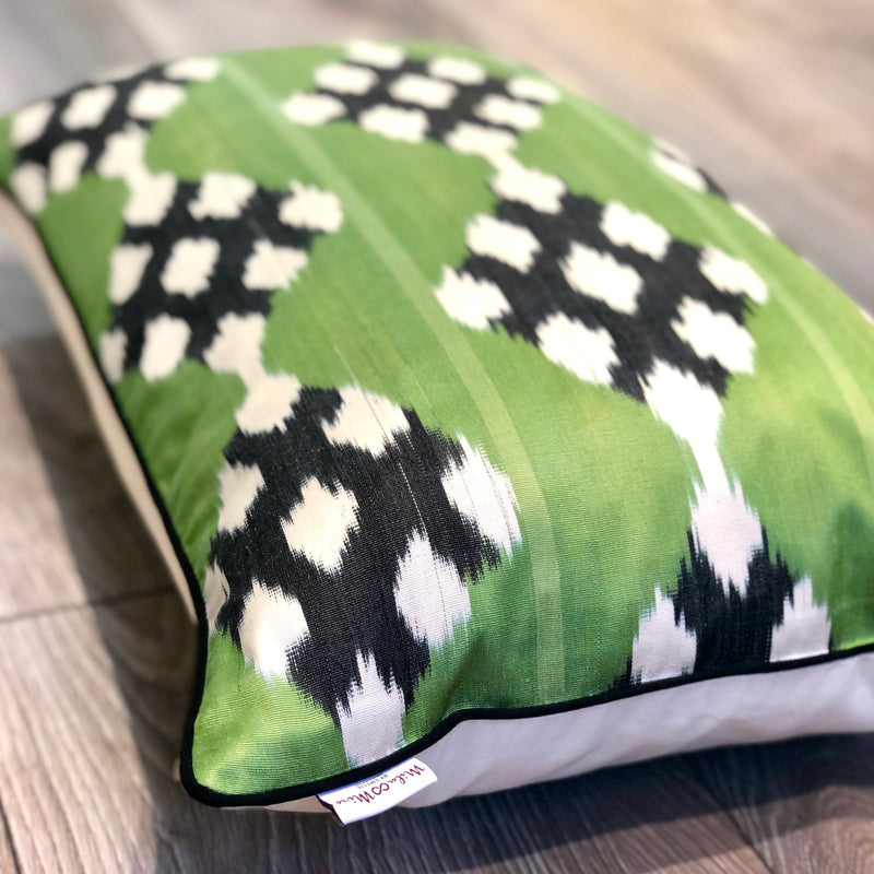 Silk Ikat Pillow Greenberry with Black Color Piping 