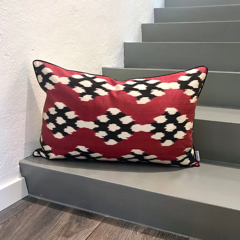 Silk Ikat Pillow Redberry with Black Piping