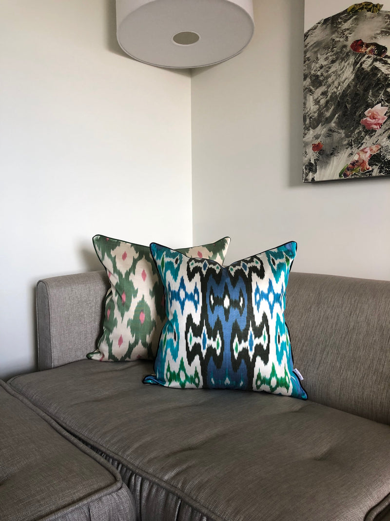 Ogee-pattern Silk Ikat Cushion Azure