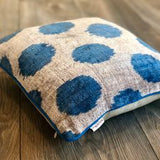 Velvet Ikat Cushion Dots Blue with Piping