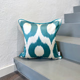 Silk Ikat Cushion Ogee Turquoise with pretty Piping