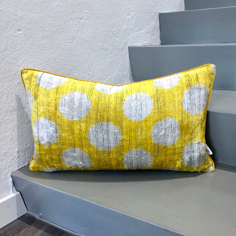 Velvet Ikat Pillow Dots Yellow made with Handloomed Fabric