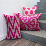 Velvet Ikat Cushions Zigzag Pink on stairs