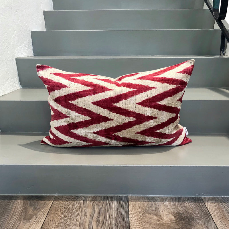  Velvet Ikat Pillow Zigzag Red on stairs