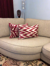 Velvet Ikat Pillow Zigzag Red on sofa
