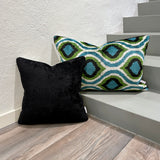 Velvet Ikat Pillow Aquamarine with black cushion